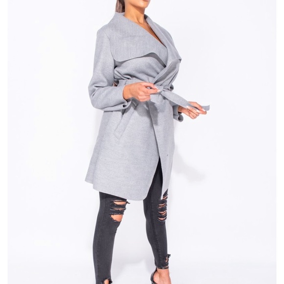Grey Belted Waterfall Coat - Picture 4 of 7